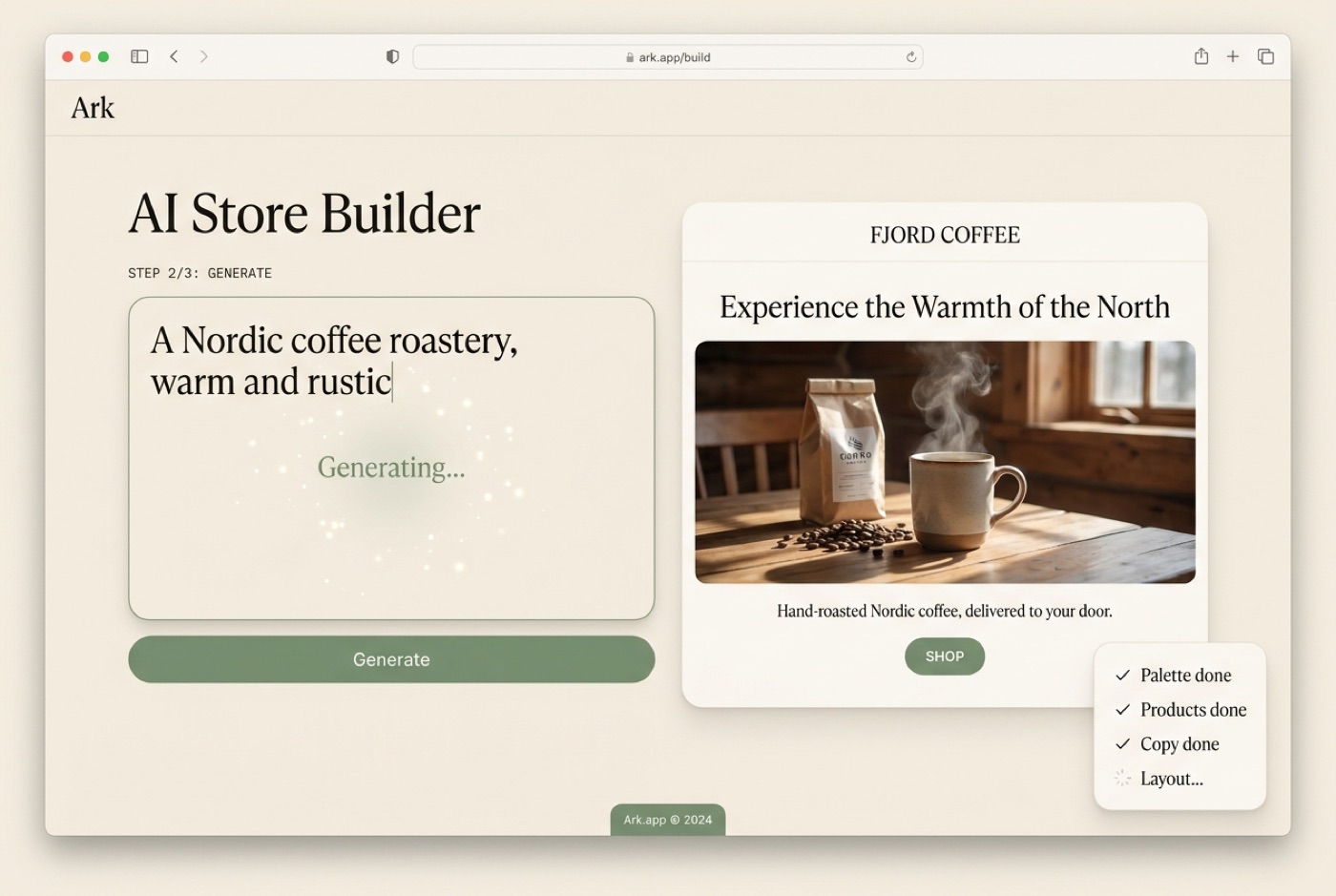 Ark AI store builder generating a storefront from a one-line prompt