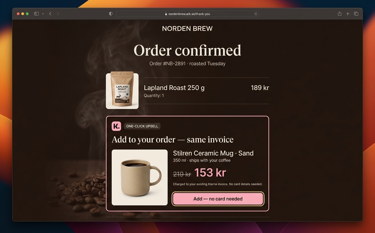 Norden Brew thank-you page with a Klarna one-click upsell card for a ceramic mug